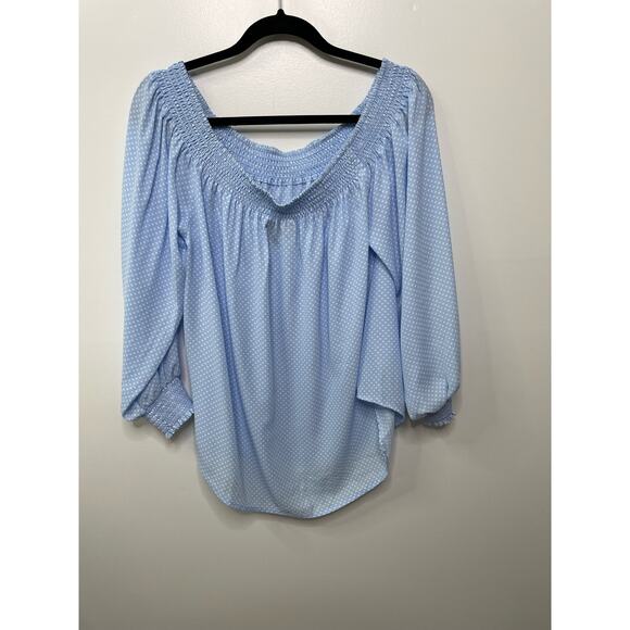 Express Smocked High Low Off-The-Shoulder Blouse Polka Dot Blue Womens Size XL - Picture 4 of 9